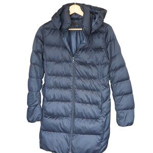 Uniqlo Women Ultra Light Down Long Coat Navy Blue Puffer Jacket Hooded L Travel